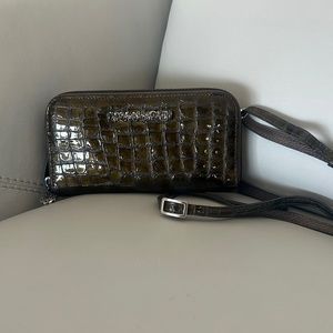 Brighton Pewter Patent Leather Croc Embossed Wallet Crossbody